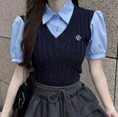 GRL fs05 ケーブルニットロゴ刺繍ベストレイヤード風シャツ ネイビー