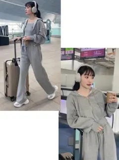 ジップパーカー×キャミ×ワイドパンツ裏起毛セットアップ