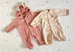 裏起毛 うさぎ もこもこ 水玉ピンク ロンパース セット