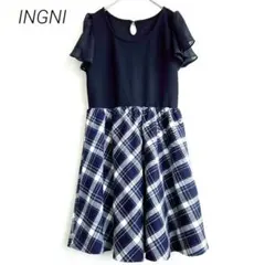 イング ワンピース ドッキング M チェック シフォン袖 パール調ボタン フレア