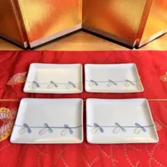【未使用品】有田焼　瑞玉窯　小花角小皿4枚セット　和風モダン　菓子皿　平皿