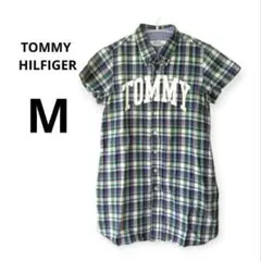 TOMMY HILFIGER　青緑チェック柄　半袖ポロシャツ　日本製　麻混　М