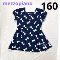美品 メゾピアノ 半袖 チュニック Tシャツ 160 ネイビー リボン 春夏