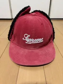Supreme 赤 コーデュロイ 耳あて付きキャップ　USED 使用感あり
