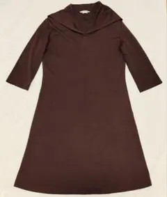 ブラウン フード付き 七分袖 Aラインワンピースパーカー風チュニック