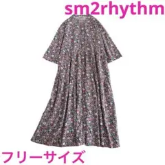 サマンサモスモスリズム　バンドカラー花柄ロングワンピース　ティアード　リネン混