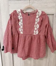 韓国服　赤と白のギンガムチェックとレースフリルの長袖ブラウス　130