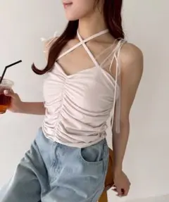 NICECLAUP 肩リボンギャザーキャミ