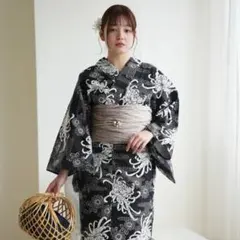 浴衣・兵児帯・下駄・帯留三分紐5点セット ネイビー チューリップ