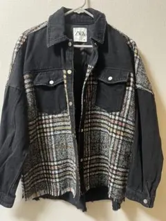 ZARA チェック柄デニムジャケット 切りっぱなしデザイン