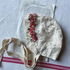 紅茶染めレースボンネット　ブライスアウトフィット　ハンドメイド　ネオブライス服