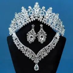 B235 3点セットラインストーンブライド クラウン ネックレスイヤリング