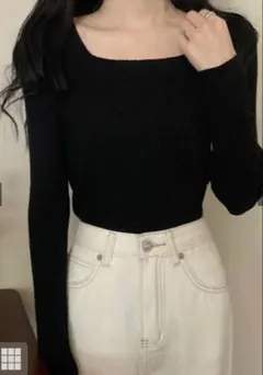 スクエアネックリブニットトップス　グレイル　rut072　L　ブラック