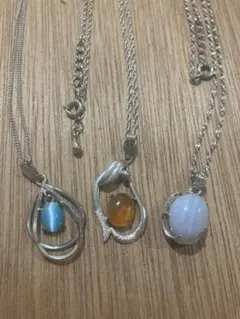 ネックレス ブルーレースアゲート　琥珀　キャッツアイ　緑石　昭和レトロ