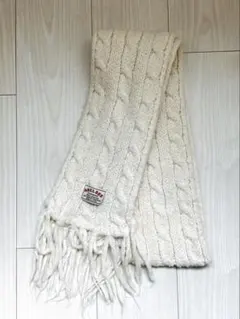 ケーブル編み マフラー アイボリー フリンジ付き 秋冬 暖かい