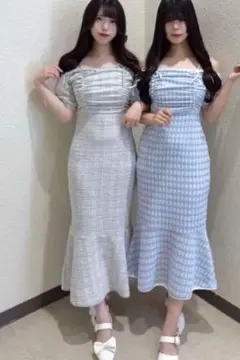 evelyn ドロストリボンオフショルワンピース マーメイド ブルーグレー