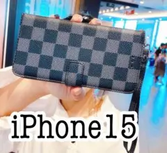 iPhone15 チェック柄手帳型ケース　ブラック