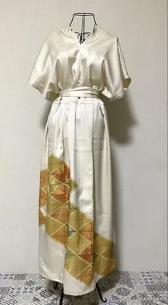 着物リメイクアイボリー ロングドレス 幾何学模様