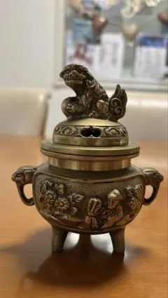 香炉 銅製 三足 鳥花鳥文 仏具 茶道具 置物 アンティーク 獅子蓋 骨董