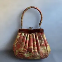 【昭和レトロ】和装用バッグ 朱色と金の花柄　ハンドバッグ