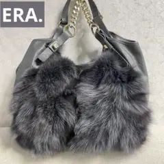 ERA. フォックスファー 牛革 ゴールドチェーン トートバッグ グレー