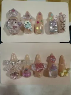 ロングネイル　ネイルチップ　平成女児　ボンボンドロップシール