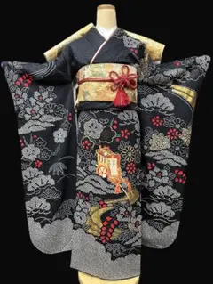 黒地総絞り 刺繍 金駒刺繍 振袖 袋帯 フルセットのサムネイル