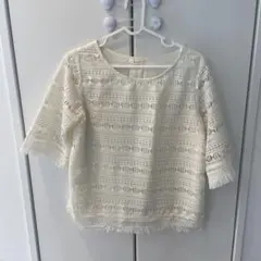 アイボリー レース装飾 五分袖 トップス M