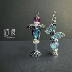 和風・蒼色燈籠に蝶/ピアス/ノンホールピアス