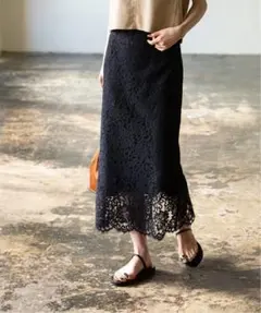 NOBLE　リバーレースIラインスカート　ネイビー