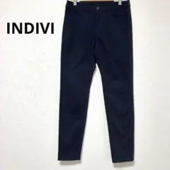 インディヴィ ネイビー スリムフィット テーパードパンツ ストレッチ