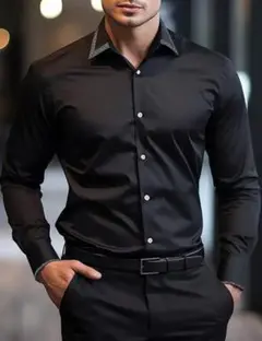 ブラック サテン ドレスシャツ S