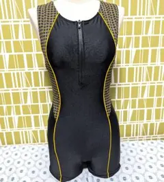 フロントジップ ワンピース水着 スポーツ水着 ブラック イエロー ハーフジップのサムネイル
