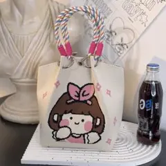 【かわいいニット風ハンドバッグ】手提げ おしゃれなニットバッグ　軽量　コンパクト