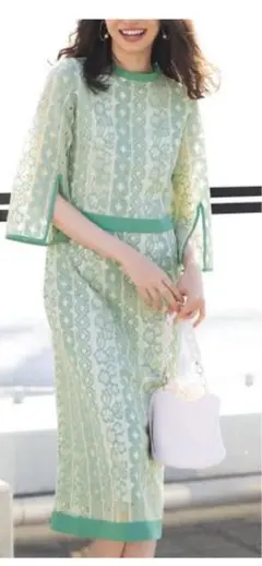 Ranan グリーン系 袖スリットレース ワンピース M ラナン　春夏