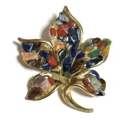 ヴィンテージ 天然石加工 リーフ ブローチ