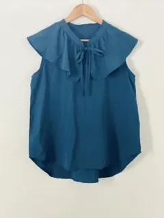 ビックカラー ノースリーブブラウス インディゴブルー　襟　青緑 浅葱