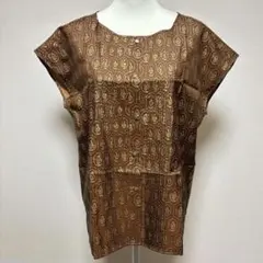 【美品】伊太利屋　フレンチスリーブ　ゴールド総柄プリントブラウス　金ボタン　Lのサムネイル