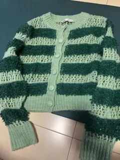 ZARA 緑色 ストライプ ニットカーディガン