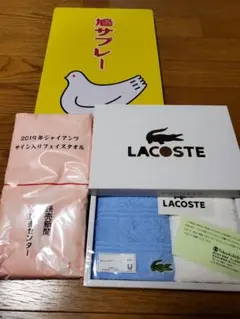 鳩サブレー　空き缶&LACOSTEタオルハンカチ2枚&ジャイアンツフェイスタオル