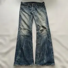 フレアデニムパンツ ダメージ y2k 00s 鬼ヒゲ グランジ ブルーウェイ
