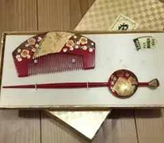 お値下げ★本蒔絵 髪飾り 簪 櫛 花繪百番 純金使用 桃山調 日本製 箱入り