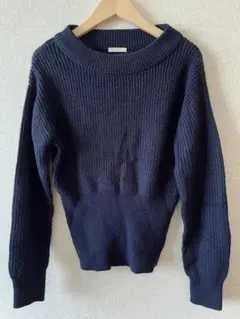 ネイビーリブ編み長袖セーター　ペプラム風