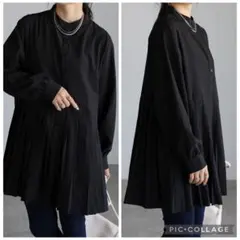 sakishimatokyo プリーツ ブラウス バンドカラー シャツ 黒のサムネイル