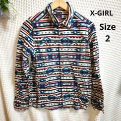【オシャレ☆X-GIRL】ネル　青　赤　ロゴ入り　柄シャツ　サイズ2のサムネイル