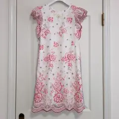 花柄刺繍 レースワンピース 半袖 ホワイト ピンクのサムネイル