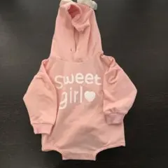 す*ん様 長袖ピンク フード付きロンパース スウィートガール80センチ　紐なし