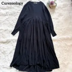 Curensology コットンギャザーニットフレアワンピース マキシ ネイビー