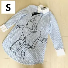 ストライプ　長袖シャツ　水色　白　トップス　Sサイズ