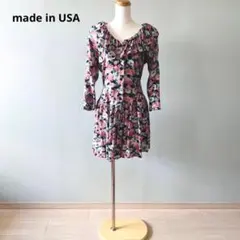 80s USA製 フリル襟 ラッフルカラー フラワープリント ワンピースN297